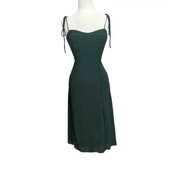 New Hunter Green Tie Spaghetti Straps Dress Front Slit Size S Back Zipper - Picture 1 of 6